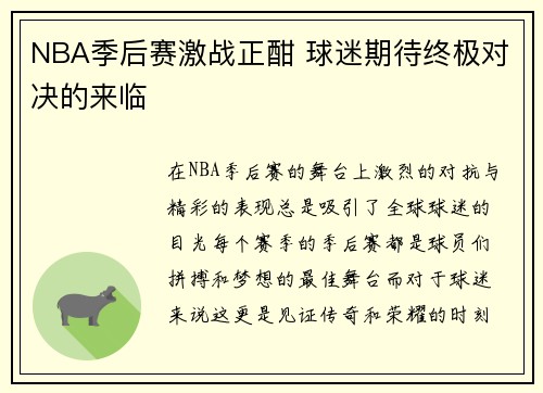 NBA季后赛激战正酣 球迷期待终极对决的来临