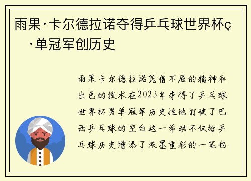 雨果·卡尔德拉诺夺得乒乓球世界杯男单冠军创历史